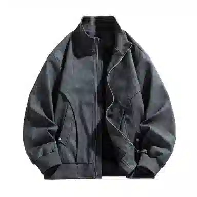 快鱼 美式复古高街纯色大码立领宽松外套拼接结构设计日常通勤百搭潮流皮衣 男女同款