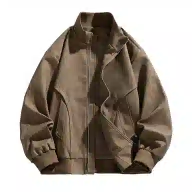 快鱼 美式复古高街纯色大码立领宽松外套拼接结构设计日常通勤百搭潮流皮衣 男女同款