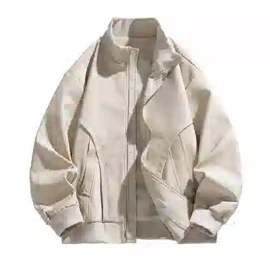 快鱼 美式复古高街纯色大码立领宽松外套拼接结构设计日常通勤百搭潮流皮衣 男女同款