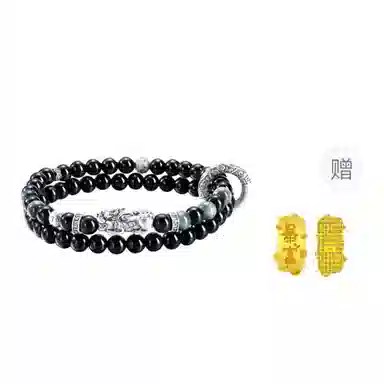 【吸金貔貅·999足银】平安扣双层叠戴 匆匆那年 六字箴言吸财纳福富寿双全个性潮流时尚百搭 小众设计#好运 黑曜石 手串 男款