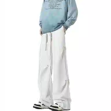 【伞兵褶皱卫裤】布客行 华棉重磅显高显瘦美式复古高街纯色长裤子宽松大码直筒阔腿百搭弹力柔软抽绳松紧腰保暖御寒休闲裤 男女同款