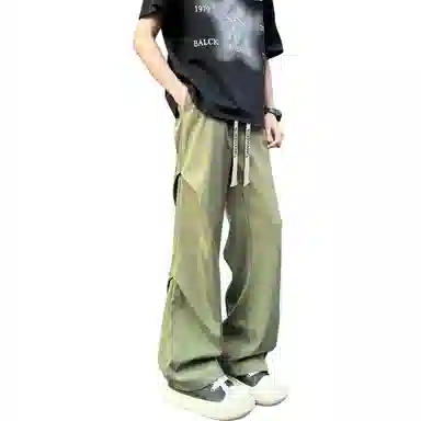 【显高显瘦伞兵裤】布客行 港风纯色褶皱设计感抽绳系带松紧腰长裤子学院风宽松大码直筒阔腿美式复古高街百搭柔软显腿长休闲裤 男女同款