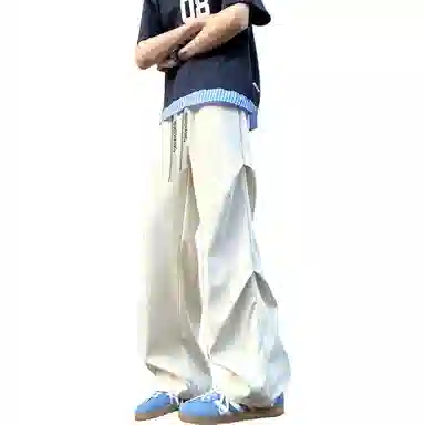 【显高显瘦伞兵裤】布客行 港风纯色褶皱设计感抽绳系带松紧腰长裤子学院风宽松大码直筒阔腿美式复古高街百搭柔软显腿长休闲裤 男女同款