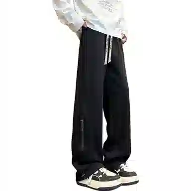 【华棉重磅直筒可束脚卫裤】布客行 显高显瘦港风设计感拉链抽绳系带松紧腰长裤子宽松大码美式复古高街百搭柔软显腿长休闲裤 男女同款