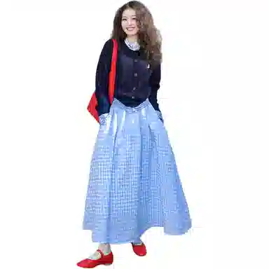 柏黛妃 格子合身高腰圆领适中长袖裙装套装 女款