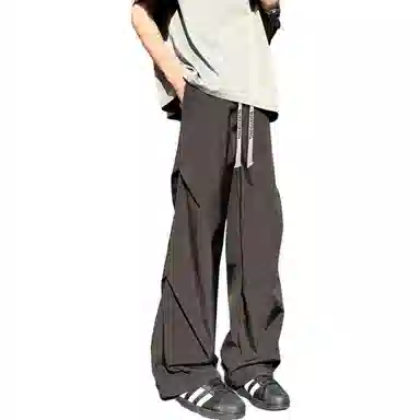 【显高显瘦伞兵裤】布客行 港风纯色褶皱设计感抽绳系带松紧腰长裤子学院风宽松大码直筒阔腿美式复古高街百搭柔软显腿长休闲裤 男女同款