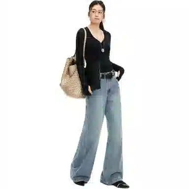 淑好百 复古磨白水洗高腰牛仔裤 女款