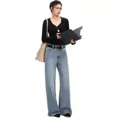 淑好百 复古磨白水洗高腰牛仔裤 女款