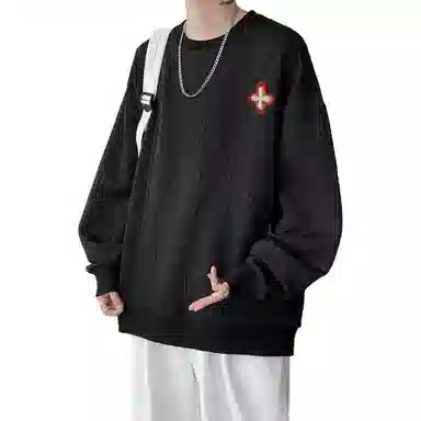 【提花压印大码200斤可穿】布客行 重磅慵懒风美式复古纯色圆领套头落肩长袖上衣港风宽松休闲百搭别针可拆卸刺绣胸标春秋卫衣 男女同款