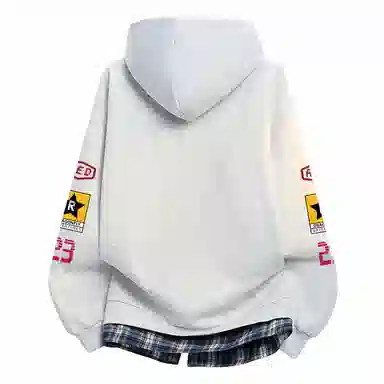红蜻蜓 美式高街徽章格纹复古卡通设计感数字字母印花宽松百搭舒适防风保暖休闲上衣连帽外套卫衣 男女同款