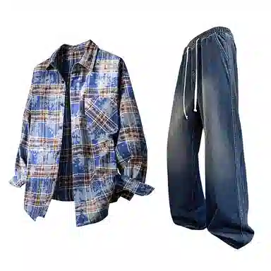 布客行 免搭配一套学院风扎染高街条纹多彩格子单排扣内搭休闲宽松衬衣外套美式复古直筒抽绳松紧腰微喇柔软牛仔裤衬衫套装 男女同款