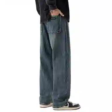 顶峰保罗 美式潮牌阔腿无性别主义直筒休闲复古高街水洗做旧运动长裤弹力显高显瘦宽松大码简约百搭加绒加厚垂感牛仔裤 男女同款