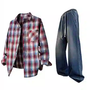 【免搭配一套】布客行 条纹多彩格子学院风扎染高街单排扣内搭休闲宽松衬衣外套美式复古直筒抽绳松紧腰微喇柔软牛仔裤衬衫套装 男女同款