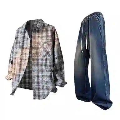 【免搭配一套】布客行 学院风扎染高街单排扣条纹多彩格子内搭休闲宽松衬衣外套美式复古直筒抽绳松紧腰微喇柔软牛仔裤衬衫套装 男女同款