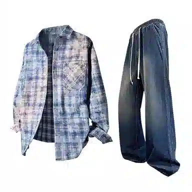 【免搭配一套】布客行 学院风扎染高街单排扣条纹多彩格子内搭休闲宽松衬衣外套美式复古直筒抽绳松紧腰微喇柔软牛仔裤衬衫套装 男女同款