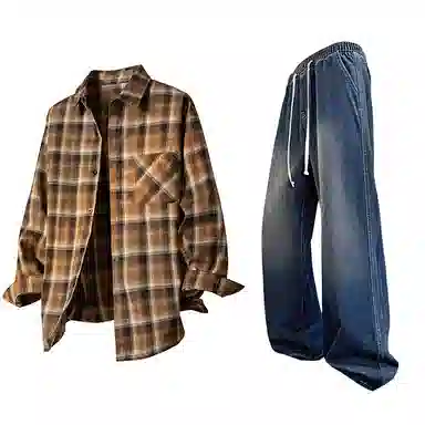 【免搭配一套】布客行 条纹多彩格子学院风扎染高街单排扣内搭休闲宽松衬衣外套美式复古直筒抽绳松紧腰微喇柔软牛仔裤衬衫套装 男女同款