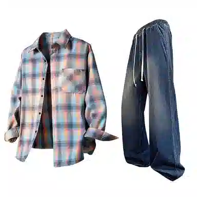 【免搭配一套】布客行 条纹多彩格子学院风扎染高街单排扣内搭休闲宽松衬衣外套美式复古直筒抽绳松紧腰微喇柔软牛仔裤衬衫套装 男女同款