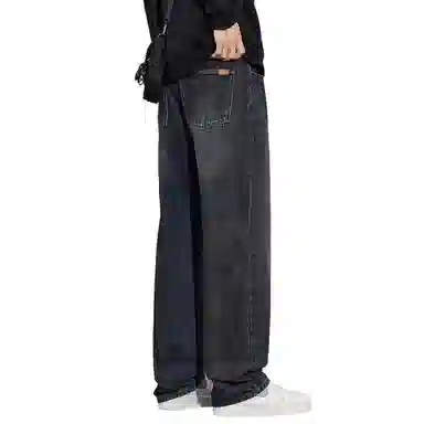 顶峰保罗 美式潮牌直筒阔腿无性别主义休闲复古高街水洗做旧运动长裤弹力显高显瘦宽松大码简约百搭加绒加厚垂感牛仔裤 男女同款