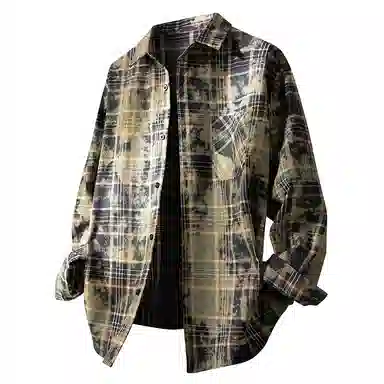 布客行 免搭配一套白云多彩格子学院风高街单排扣扎染休闲宽松衬衣外套美式复古直筒抽绳松紧腰微喇基础柔软牛仔裤衬衫套装 男女同款