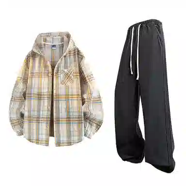 【免搭配一套】布客行 连帽开衫格子学院风高街单排扣休闲宽松衬衣外套美式复古直筒抽绳松紧腰微喇基础款柔软牛仔裤衬衫套装 男女同款