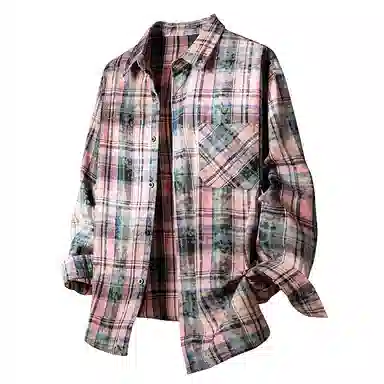 布客行 免搭配一套学院风扎染高街条纹多彩格子单排扣内搭休闲宽松衬衣外套美式复古直筒抽绳松紧腰微喇柔软牛仔裤衬衫套装 男女同款