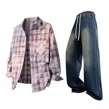 【免搭配一套】布客行 学院风扎染高街单排扣条纹多彩格子内搭休闲宽松衬衣外套美式复古直筒抽绳松紧腰微喇柔软牛仔裤衬衫套装 男女同款