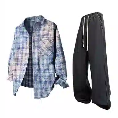 【免搭配一套】布客行 学院风扎染高街单排扣条纹多彩格子内搭休闲宽松衬衣外套美式复古直筒抽绳松紧腰微喇柔软牛仔裤衬衫套装 男女同款