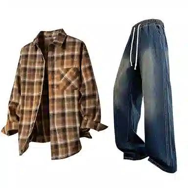 【免搭配一套】布客行 条纹多彩格子学院风扎染高街单排扣内搭休闲宽松衬衣外套美式复古直筒抽绳松紧腰微喇柔软牛仔裤衬衫套装 男女同款