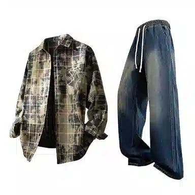 布客行 免搭配一套白云多彩格子学院风高街单排扣扎染休闲宽松衬衣外套美式复古直筒抽绳松紧腰微喇基础柔软牛仔裤衬衫套装 男女同款