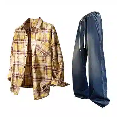 布客行 免搭配一套学院风扎染高街条纹多彩格子单排扣内搭休闲宽松衬衣外套美式复古直筒抽绳松紧腰微喇柔软牛仔裤衬衫套装 男女同款