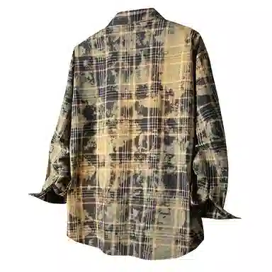 布客行 免搭配一套白云多彩格子学院风高街单排扣扎染休闲宽松衬衣外套美式复古直筒抽绳松紧腰微喇基础柔软牛仔裤衬衫套装 男女同款