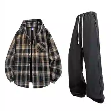【免搭配一套】布客行 连帽开衫格子学院风高街单排扣休闲宽松衬衣外套美式复古直筒抽绳松紧腰微喇基础款柔软牛仔裤衬衫套装 男女同款