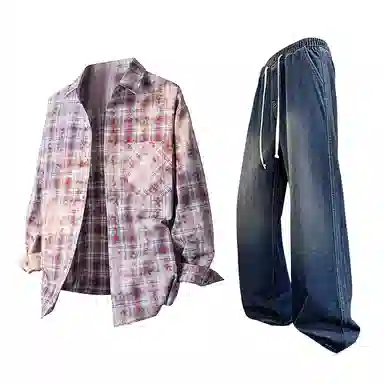 【免搭配一套】布客行 学院风扎染高街单排扣条纹多彩格子内搭休闲宽松衬衣外套美式复古直筒抽绳松紧腰微喇柔软牛仔裤衬衫套装 男女同款