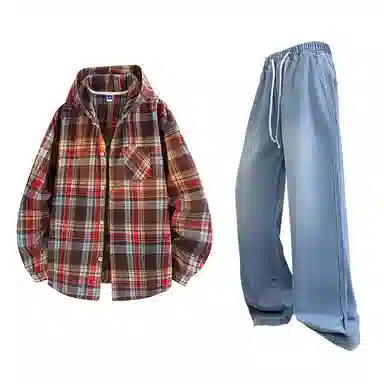 【免搭配一套】布客行 连帽开衫格子学院风高街单排扣休闲宽松衬衣外套美式复古直筒抽绳松紧腰微喇基础款柔软牛仔裤衬衫套装 男女同款