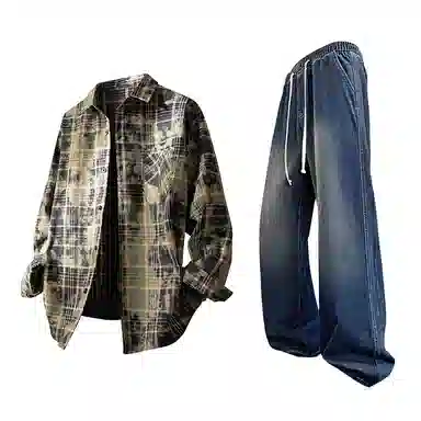 布客行 免搭配一套白云多彩格子学院风高街单排扣扎染休闲宽松衬衣外套美式复古直筒抽绳松紧腰微喇基础柔软牛仔裤衬衫套装 男女同款