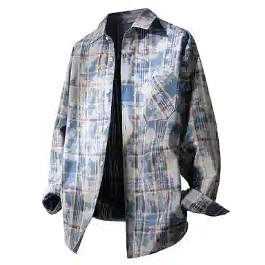 布客行 免搭配一套白云多彩格子学院风高街单排扣扎染休闲宽松衬衣外套美式复古直筒抽绳松紧腰微喇基础柔软牛仔裤衬衫套装 男女同款