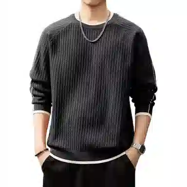 贵色 日系复古潮流简约慵懒风撞色边长袖舒适柔软立体裁剪设计高街百搭休闲落肩袖上衣针织衫 男女同款