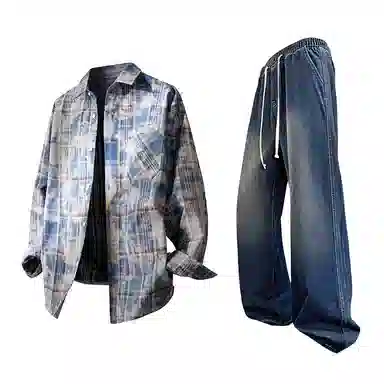 布客行 免搭配一套白云多彩格子学院风高街单排扣扎染休闲宽松衬衣外套美式复古直筒抽绳松紧腰微喇基础柔软牛仔裤衬衫套装 男女同款