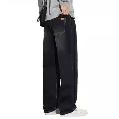 顶峰保罗 美式潮牌直筒阔腿无性别主义休闲复古高街水洗做旧运动长裤弹力显高显瘦宽松大码简约百搭加绒加厚垂感牛仔裤 男女同款