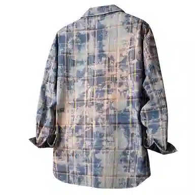 布客行 免搭配一套白云多彩格子学院风高街单排扣扎染休闲宽松衬衣外套美式复古直筒抽绳松紧腰微喇基础柔软牛仔裤衬衫套装 男女同款