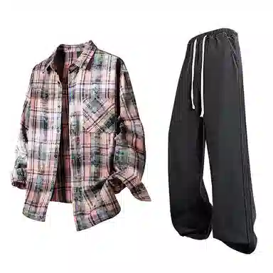 布客行 免搭配一套学院风扎染高街条纹多彩格子单排扣内搭休闲宽松衬衣外套美式复古直筒抽绳松紧腰微喇柔软牛仔裤衬衫套装 男女同款