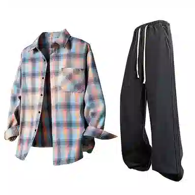 【免搭配一套】布客行 条纹多彩格子学院风扎染高街单排扣内搭休闲宽松衬衣外套美式复古直筒抽绳松紧腰微喇柔软牛仔裤衬衫套装 男女同款