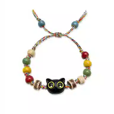 【Lucky幸运大眼猫咪】 攸委 可爱高级感彩色编织绳小猫可调节 复古新中式小众设计感 百搭学生一对简约饰品 柴木 手串 男女同款情侣款