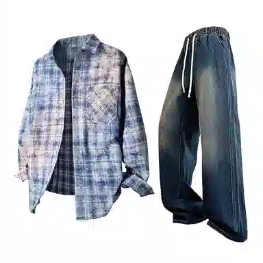 【免搭配一套】布客行 学院风扎染高街单排扣条纹多彩格子内搭休闲宽松衬衣外套美式复古直筒抽绳松紧腰微喇柔软牛仔裤衬衫套装 男女同款