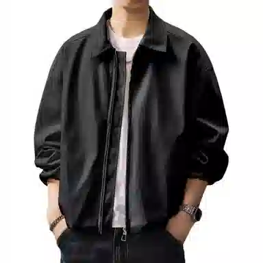 贵色 秋季 美式复古纯色简约风宽松廓形外套潮流时尚百搭立体裁剪设计翻领休闲皮衣 男女同款