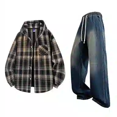 【免搭配一套】布客行 连帽开衫格子学院风高街单排扣休闲宽松衬衣外套美式复古直筒抽绳松紧腰微喇基础款柔软牛仔裤衬衫套装 男女同款