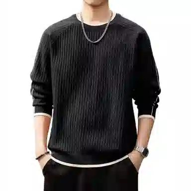 贵色 日系复古潮流简约慵懒风撞色边长袖舒适柔软立体裁剪设计高街百搭休闲落肩袖上衣针织衫 男女同款