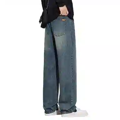 顶峰保罗 美式潮牌直筒阔腿无性别主义休闲复古高街水洗做旧运动长裤弹力显高显瘦宽松大码简约百搭加绒加厚垂感牛仔裤 男女同款