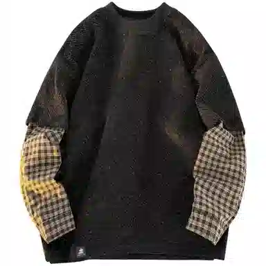 稻草人 美式复古大码假两件格纹撞色银丝斜纹满天星面料拼接设计高街圆领落肩套头秋季卫衣 男女同款