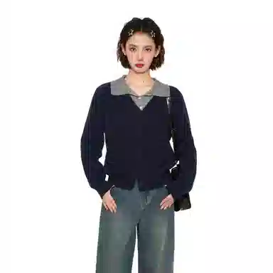 柏黛妃 假两件拼色翻领短款上衣开衫外套针织衫 女款